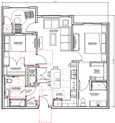 Floor plan for 2 beds, 2 baths, 880 sqft